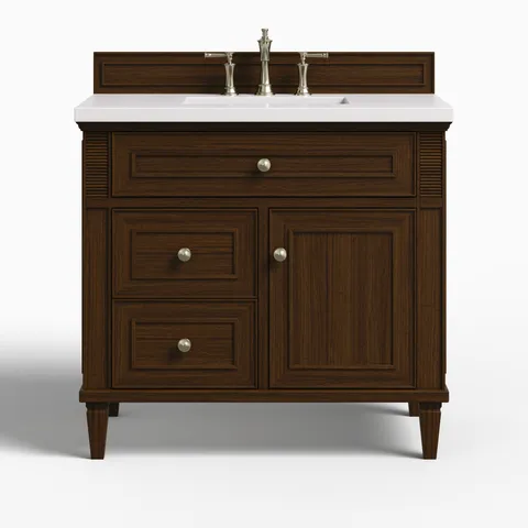 Elodie 36" Single Vanity in Mid-Century Walnut with 3 cm White Zeus Quartz Top