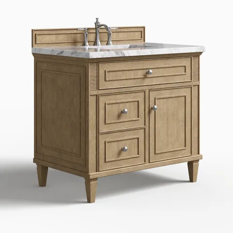 Elodie 36" Single Vanity in Whitewashed Oak with 3 cm Carrara White Marble Top