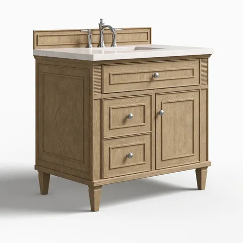 Elodie 36" Single Vanity in Whitewashed Oak with 3 cm Eternal Jasmine Pearl Quartz Top