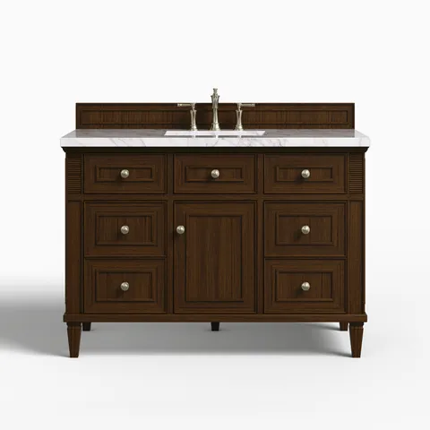Elodie 48" Single Vanity in Mid-Century Walnut with 3 cm Carrara White Marble Top