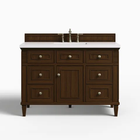 Elodie 48" Single Vanity in Mid-Century Walnut with 3 cm White Zeus Quartz Top