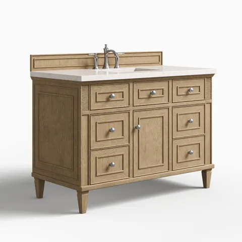Elodie 48" Single Vanity in Whitewashed Oak with 3 cm Eternal Jasmine Pearl Quartz Top