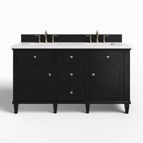 Elodie 60" Double Vanity in Black Onyx with 3 cm White Zeus Quartz Top