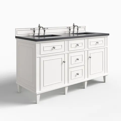 Elodie 60" Double Vanity in Bright White with 3 cm Charcoal Soapstone Quartz Top