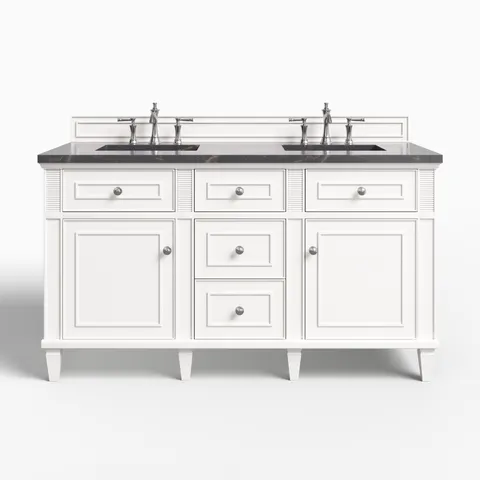 Elodie 60" Double Vanity in Bright White with 3 cm Parisien Bleu Quartz Top