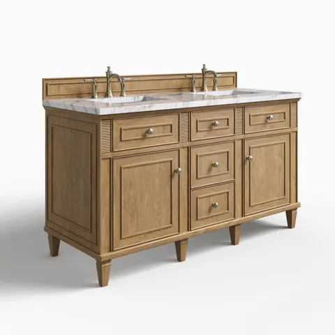 Elodie 60" Double Vanity in Light Natural Oak with 3 cm Carrara White Marble Top
