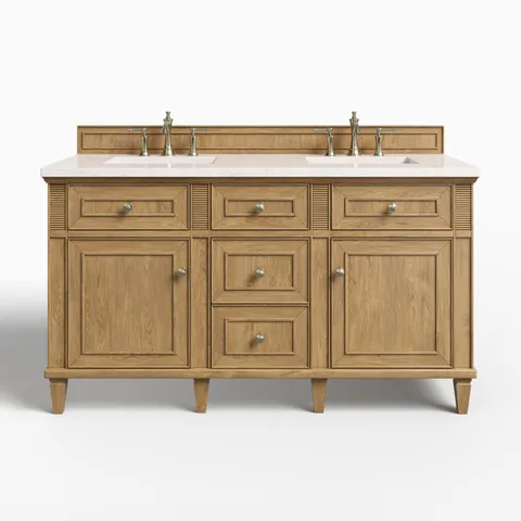 Elodie 60" Double Vanity in Light Natural Oak with 3 cm Eternal Jasmine Pearl Quartz Top