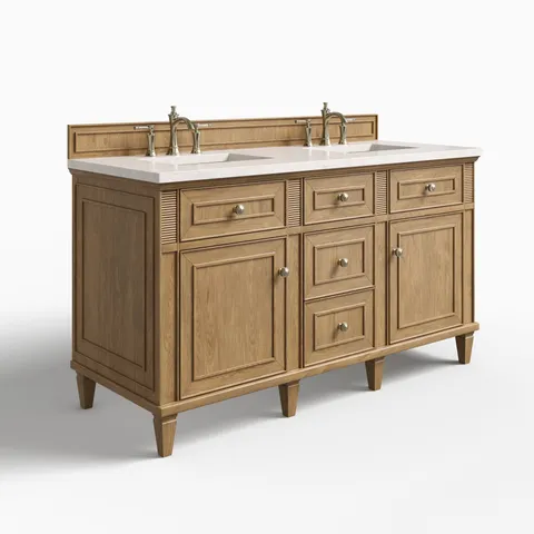 Elodie 60" Double Vanity in Light Natural Oak with 3 cm Eternal Jasmine Pearl Quartz Top
