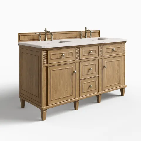 Elodie 60" Double Vanity in Light Natural Oak with 3 cm Victorian Silver Quartz Top