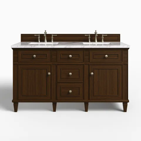 Elodie 60" Double Vanity in Mid-Century Walnut with 3 cm Carrara White Marble Top