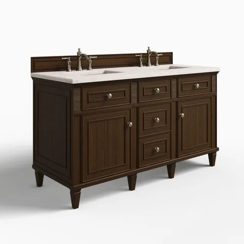 Elodie 60" Double Vanity in Mid-Century Walnut with 3 cm Victorian Silver Quartz Top