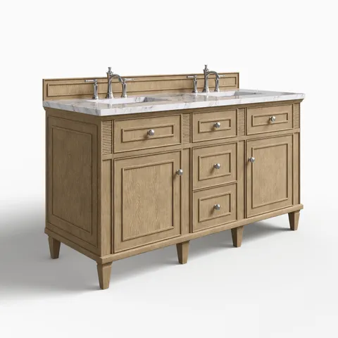 Elodie 60" Double Vanity in Whitewashed Oak with 3 cm Carrara White Marble Top