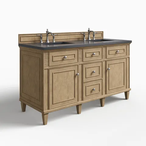 Elodie 60" Double Vanity in Whitewashed Oak with 3 cm Charcoal Soapstone Quartz Top