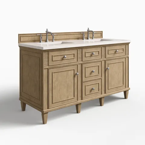Elodie 60" Double Vanity in Whitewashed Oak with 3 cm Eternal Jasmine Pearl Quartz Top