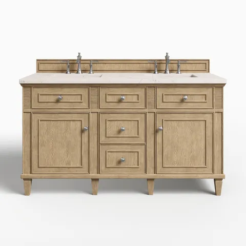 Elodie 60" Double Vanity in Whitewashed Oak with 3 cm Victorian Silver Quartz Top