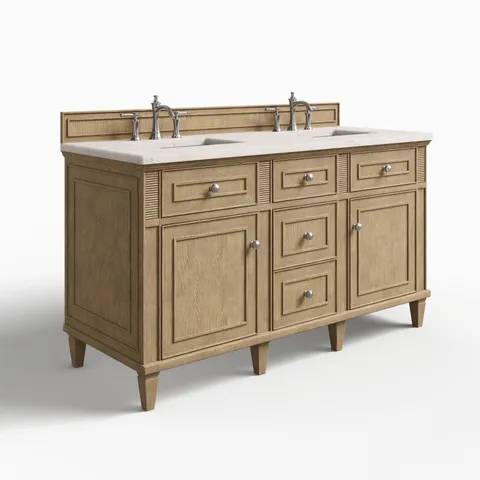 Elodie 60" Double Vanity in Whitewashed Oak with 3 cm Victorian Silver Quartz Top