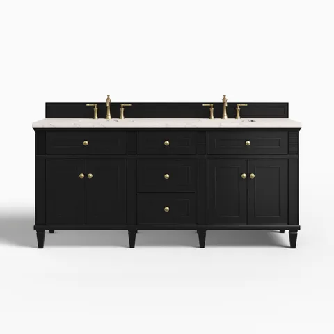 Elodie 72" Double Vanity in Black Onyx with 3 cm Victorian Silver Quartz Top