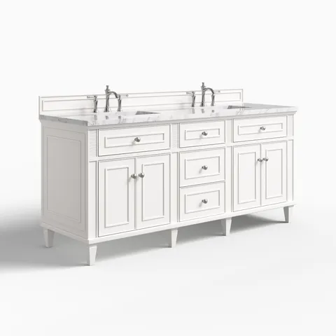Elodie 72" Double Vanity in Bright White with 3 cm Carrara White Marble Top