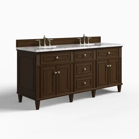 Elodie 72" Double Vanity in Mid-Century Walnut with 3 cm Carrara White Marble Top