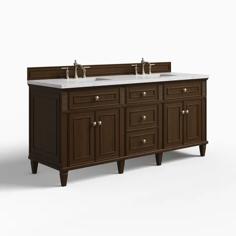 Elodie 72" Double Vanity in Mid-Century Walnut with 3 cm Ethereal Noctis Quartz Top
