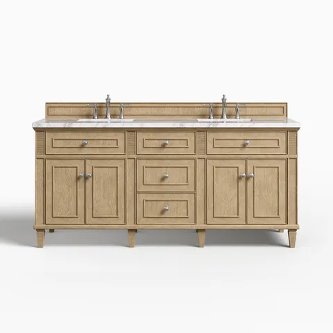 Elodie 72" Double Vanity in Whitewashed Oak with 3 cm Carrara White Marble Top