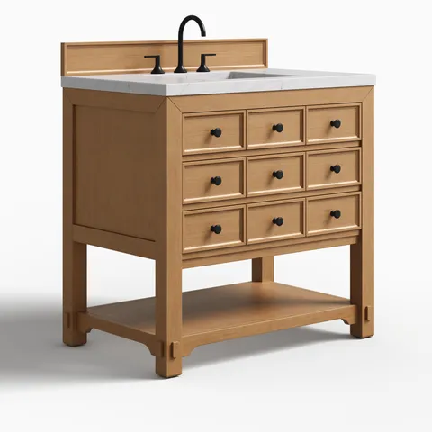 Rosalie 36" Single Vanity in Amber Birch with 3 cm Ethereal Noctis Quartz Top
