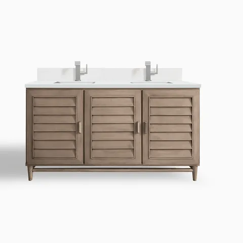 Trisha 60" Double Vanity in Whitewashed Walnut with Single Hole 3 cm White Zeus Quartz Top & Backsplash