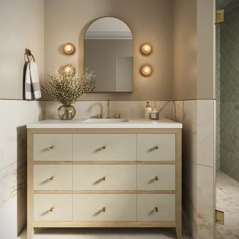 Daisy 48" Single Vanity in Sunwashed Oak with Embossed Shagreen and 3 cm White Zeus Quartz Top