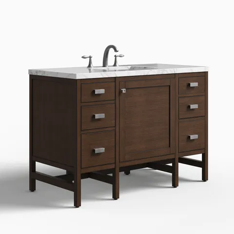 Mae 48" Single Vanity in Mid-Century Acacia with 3 cm Carrara White Marble Top