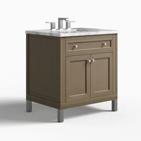 Janelle 30" Single Vanity in Walnut Whisper with 3 cm Carrara Marble Top