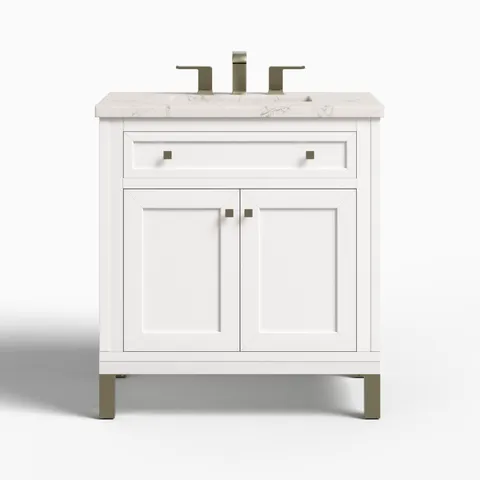 Janelle 30" Single Vanity in Glossy White with 3 cm Victorian Silver Silestone Top