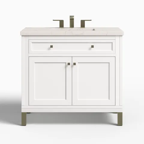 Janelle 36" Single Vanity in Glossy White with 3 cm Victorian Silver Silestone Top