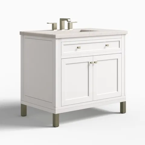 Janelle 36" Single Vanity in Glossy White with 3 cm Victorian Silver Silestone Top