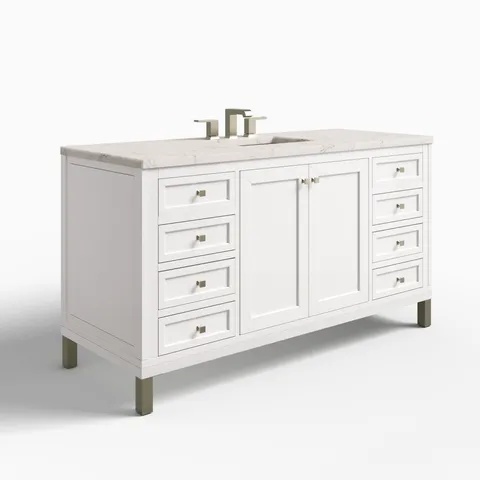 Janelle 60" Single Vanity in Glossy White with 3 cm Victorian Silver Silestone Top