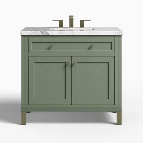 Janelle 36" Single Vanity in Smokey Celadon with 3 cm Carrara Marble Top