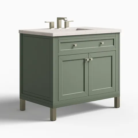 Janelle 36" Single Vanity in Smokey Celadon with 3 cm Victorian Silver Silestone Top