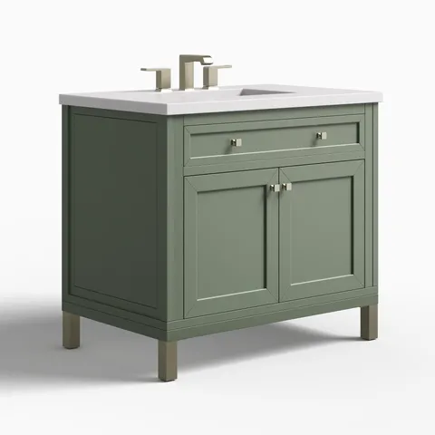 Janelle 36" Single Vanity in Smokey Celadon with 3 cm White Zeus Silestone Top