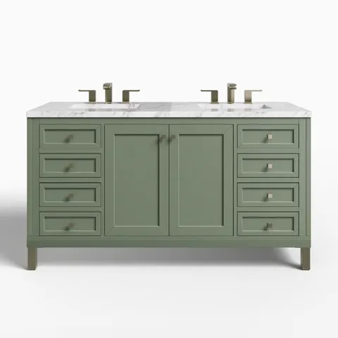 Janelle 60" Double Vanity in Smokey Celadon with 3 cm Carrara Marble Top