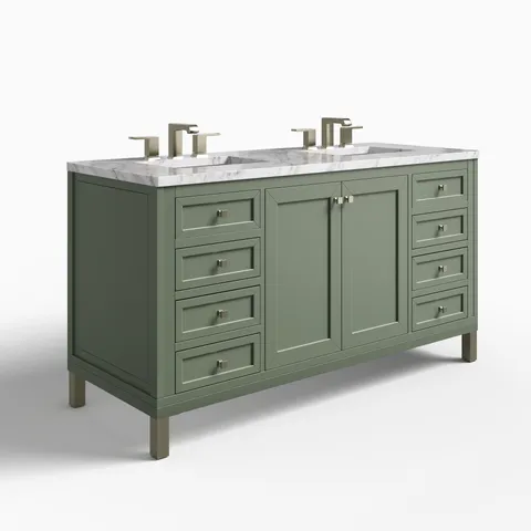 Janelle 60" Double Vanity in Smokey Celadon with 3 cm Carrara Marble Top