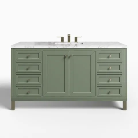 Janelle 60" Single Vanity in Smokey Celadon with 3 cm Carrara Marble Top