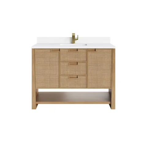 Delilah 48" Single Vanity in Seaside Oak with Single Hole 3 cm White Zeus Quartz Top & Backsplash