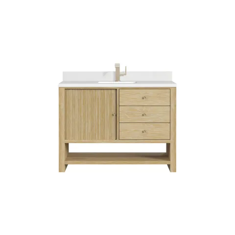 Holly 48 inch single vanity in sunwashed oak with 3 cm white zeus quartz top and backsplash, fluted cabinet door, three drawers, and open bottom shelf.