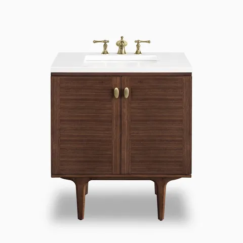 The 30 inch Demi single vanity combines mid-century walnut cabinet doors with rich wood grain detail and tapered legs, completed by a 3 cm White Zeus quartz countertop.
