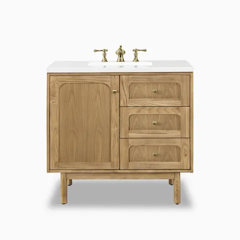 A 36 inch modern bathroom vanity with natural wood cabinet, white zeus countertop, and brass faucet.