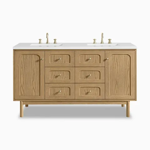 60" double vanity in light natural oak featuring two arched cabinet doors and six drawers beneath a white quartz integrated dual sinktop.
