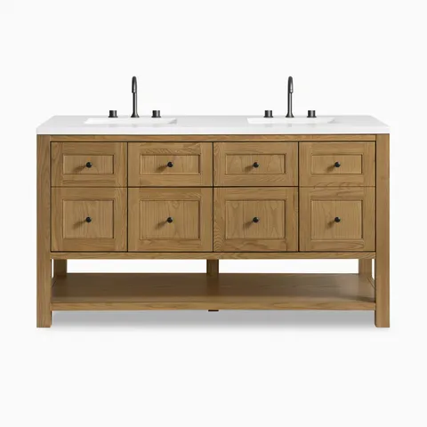 Bridgette 60" freestanding double vanity in light natural oak with black knobs and dual matte black widespread faucets.