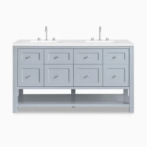 Bridgette 60" freestanding double vanity in serenity blue with satin nickel knobs and sleek dual silver-tone widespread faucets.