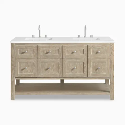 Bridgette 60" freestanding double vanity in whitewashed oak featuring satin nickel knobs and twin minimalist widespread faucets.
