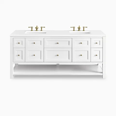 Bridgette 72" freestanding double vanity in bright white with champagne brass hardware and a spacious under-shelf for elegant, functional storage.