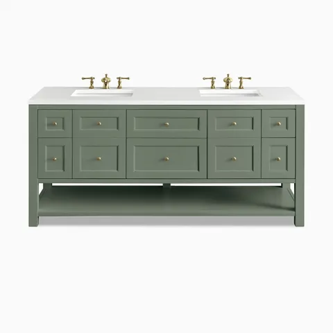 Bridgette 72" freestanding double vanity in soft green with brass knobs and crisp white quartz countertop, offering refined symmetry and open shelf storage.